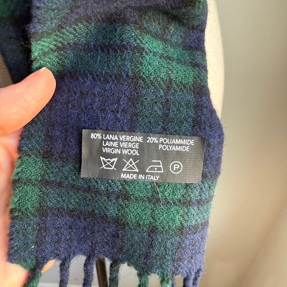 L.L.Bean Wool Blend Plaid Scarf Green Blue Tartan Made in Italy 50"x12" - Picture 5 of 5